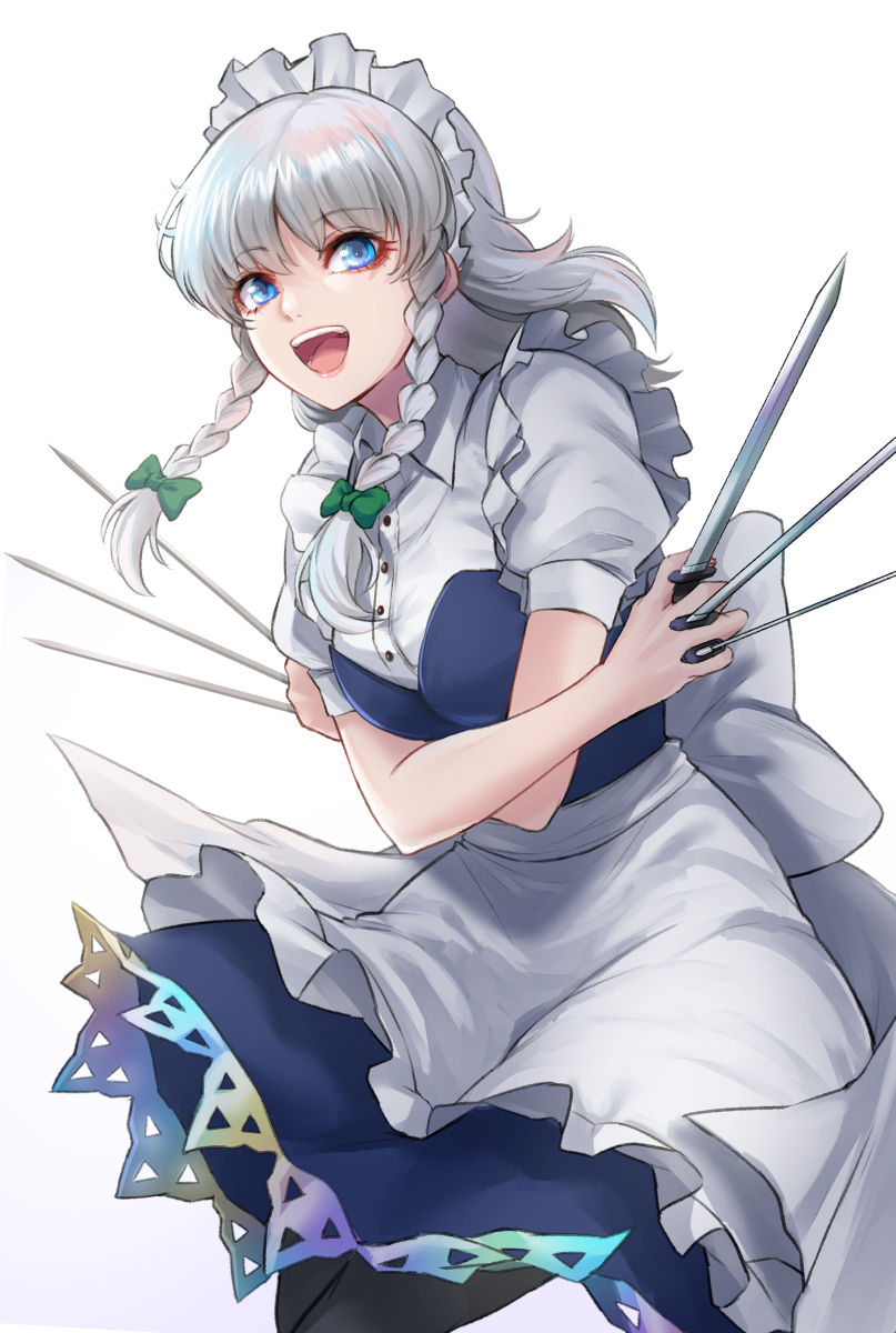 1girl :d apron bangs black_legwear blue_dress blue_eyes bow braid breasts commentary_request dress eyebrows_visible_through_hair gradient gradient_background green_bow grey_background hair_bow highres holding holding_knife holding_weapon izayoi_sakuya knife knives_between_fingers long_hair looking_at_viewer maid maid_apron maid_headdress medium_breasts open_mouth pantyhose puffy_short_sleeves puffy_sleeves re_(re_09) shirt short_dress short_sleeves silver_hair smile solo touhou twin_braids waist_apron weapon white_apron white_background white_shirt