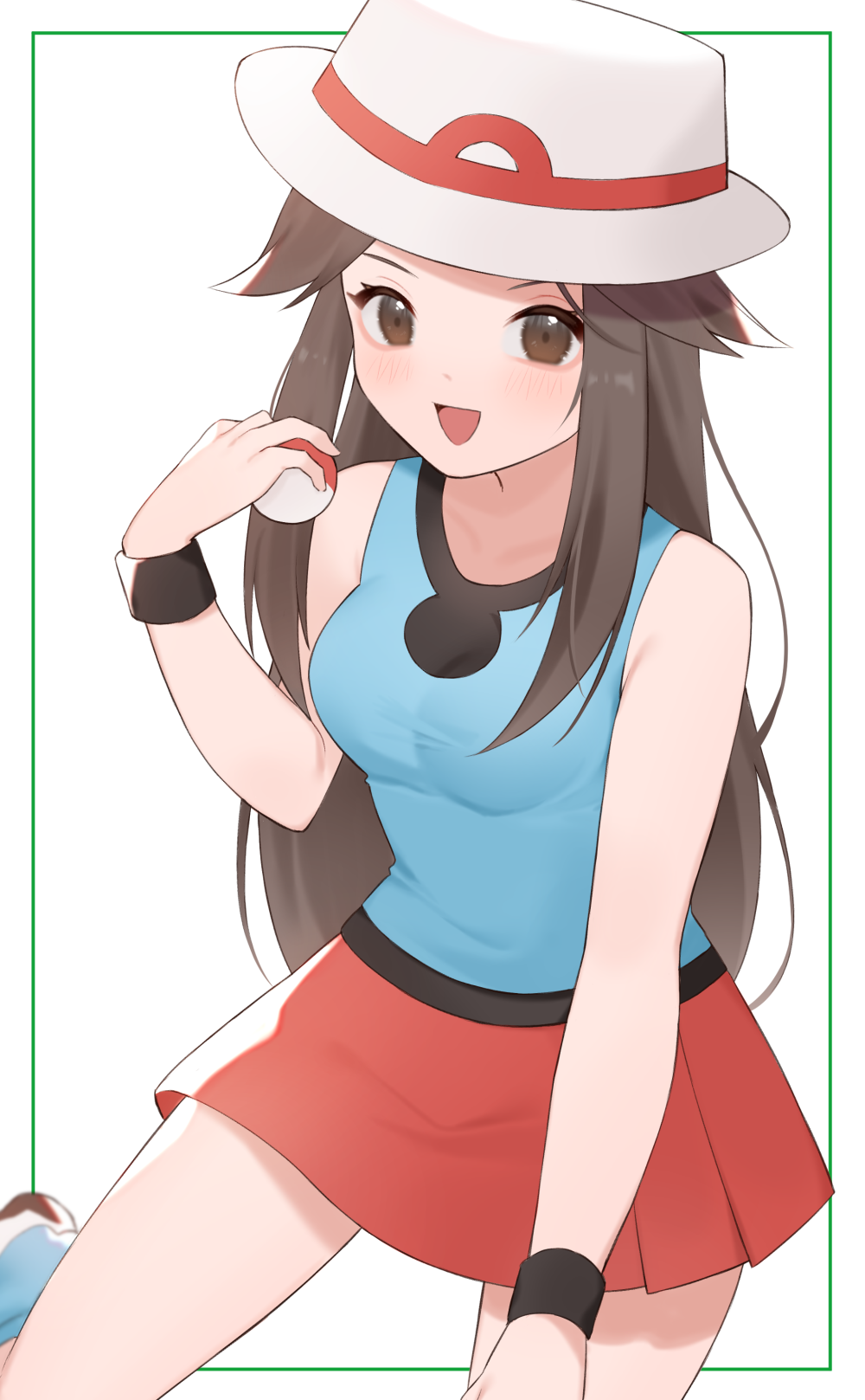 1girl blue_legwear breasts brown_eyes brown_hair brown_wristband bucket_hat commentary_request hat highres holding holding_poke_ball leaf_(pokemon) long_hair open_mouth pleated_skirt poke_ball poke_ball_(basic) pokemon pokemon_(game) pokemon_frlg red_skirt shirt shoes skirt sleeveless sleeveless_shirt smile socks solo tongue white_headwear wristband