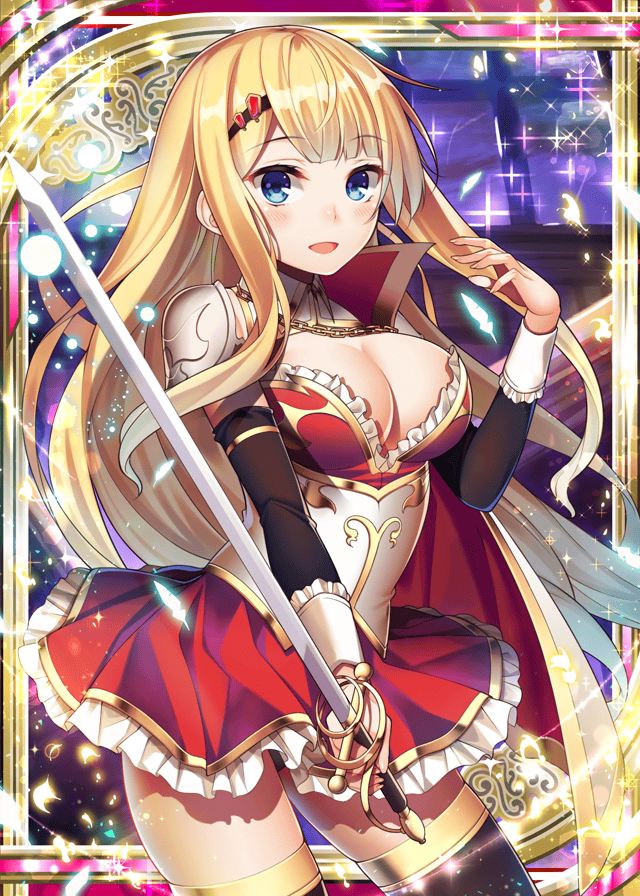 1girl :d arm_warmers armor blonde_hair blue_eyes breasts cape chain dress hair_ornament holding holding_weapon large_breasts long_hair looking_at_viewer official_art open_mouth ray-akila red_cape red_dress shinkai_no_valkyrie smile surprised sword thigh-highs underwear weapon