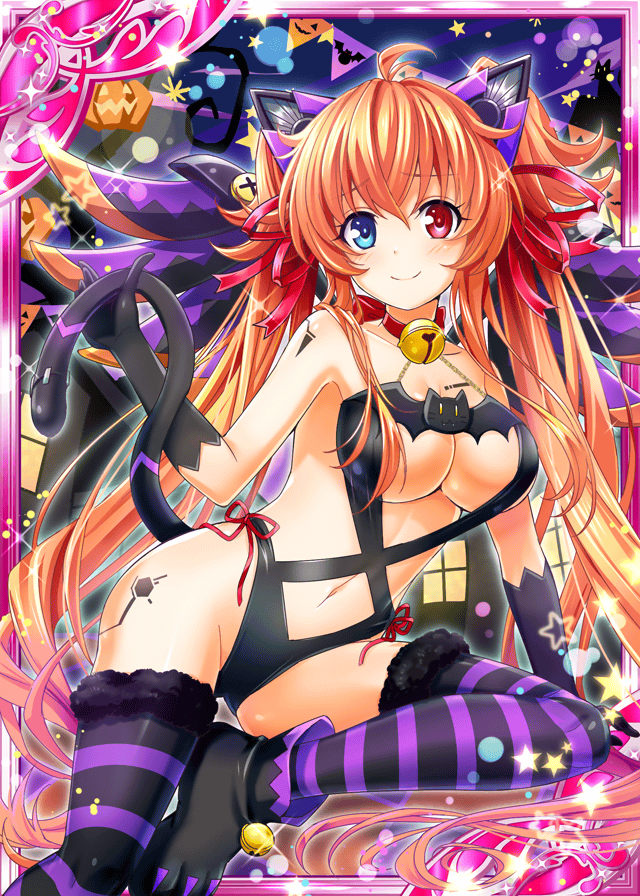 1girl animal_ears bell black_gloves blue_eyes cat_ears cat_tail collaboration gloves hair_ribbon halloween halloween_costume jingle_bell long_hair looking_at_viewer multicolored multicolored_eyes nou_(nounknown) official_art orange_hair red_eyes red_ribbon ribbon shinkai_no_valkyrie shinki_kakusei_melty_maiden smile stomach striped striped_legwear swimsuit tail thigh-highs twintails underwear
