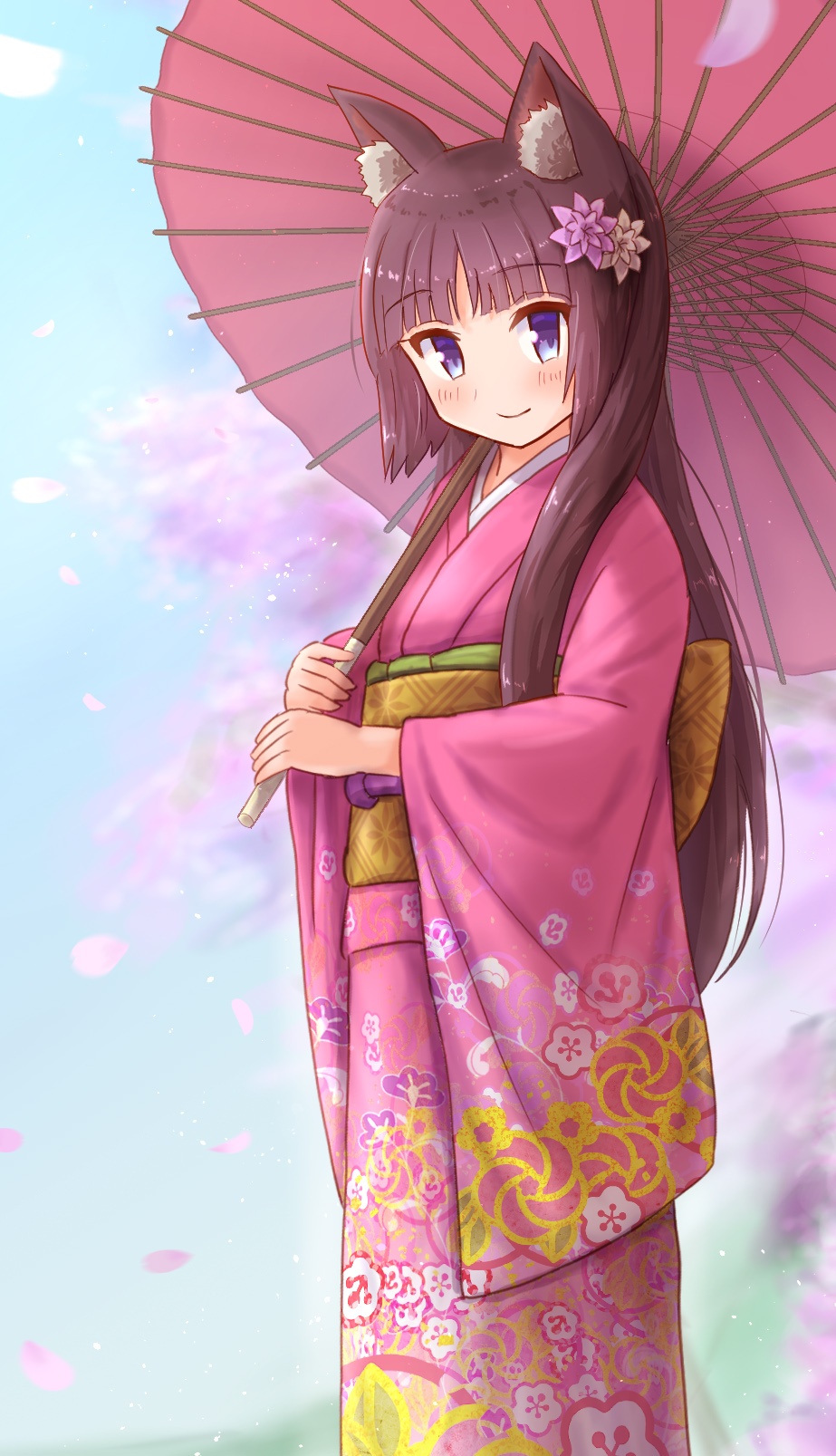 1girl animal_ear_fluff animal_ears bangs blue_sky blush brown_hair cat_ears cherry_blossoms closed_mouth commentary_request day eyebrows_visible_through_hair floral_print flower hair_flower hair_ornament highres holding holding_umbrella iroha_(iroha_matsurika) japanese_clothes kimono long_hair long_sleeves mutsuki_(iroha_(iroha_matsurika)) obi oil-paper_umbrella original outdoors petals pink_kimono print_kimono purple_flower sash sky smile solo umbrella very_long_hair violet_eyes white_flower wide_sleeves