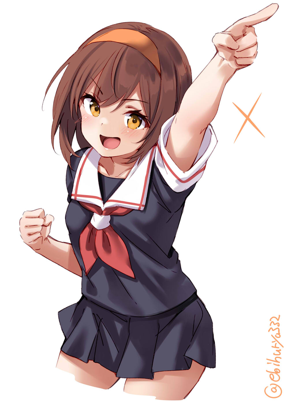 1girl :d arm_up black_serafuku black_skirt blush brown_eyes brown_hair collarbone cropped_legs ebifurya eyebrows_visible_through_hair hairband highres index_finger_raised kantai_collection neckerchief open_mouth orange_hairband pleated_skirt red_neckwear school_uniform serafuku shiratsuyu_(kancolle) short_hair simple_background skirt smile solo twitter_username v-shaped_eyebrows white_background