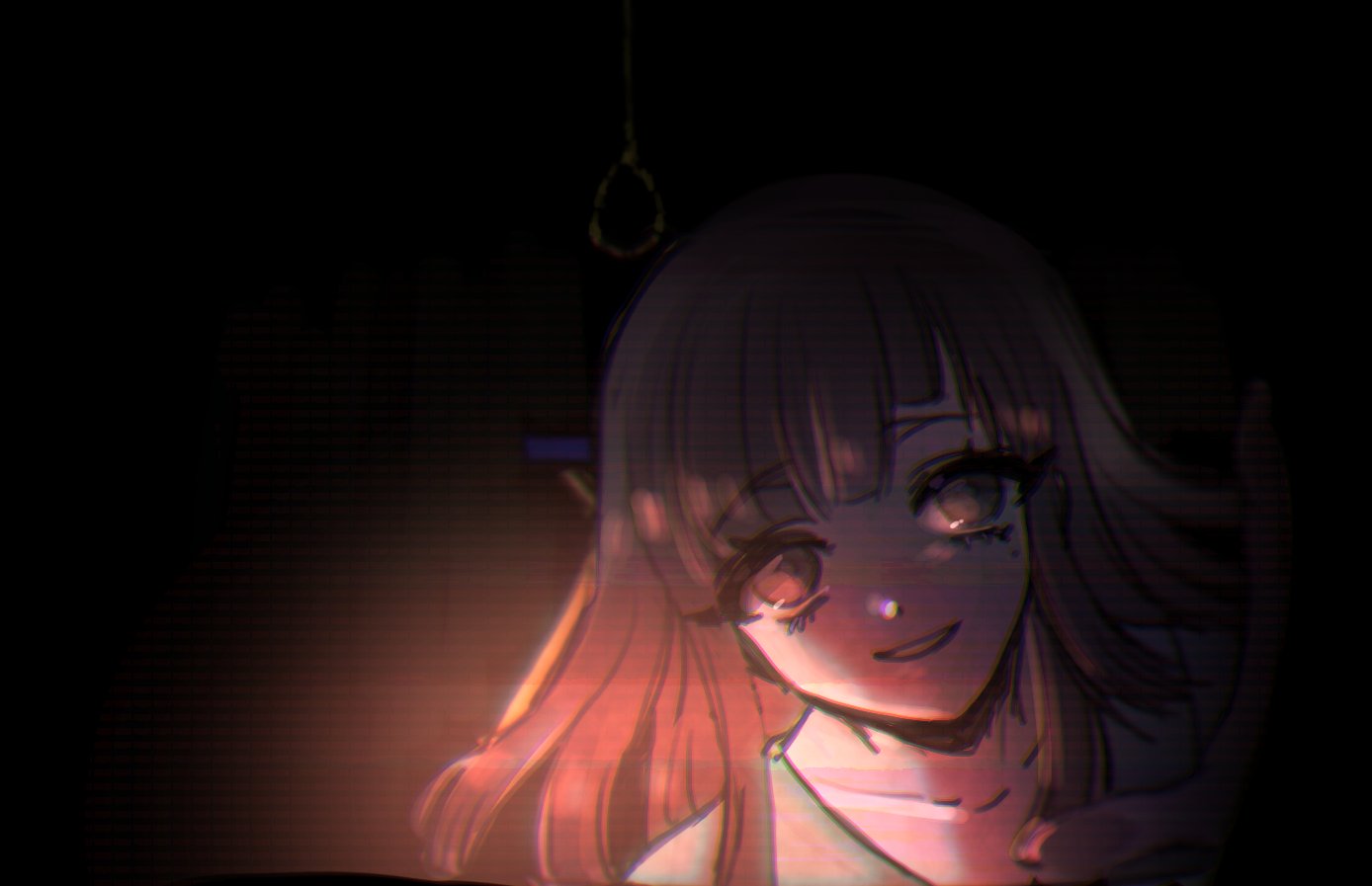 1girl bangs brown_eyes collarbone commentary_request dangan_ronpa_(series) dangan_ronpa_2:_goodbye_despair eyebrows_visible_through_hair gwanlamcha long_hair looking_at_viewer mole mole_under_eye rope smile solo spoilers teeth tsumiki_mikan