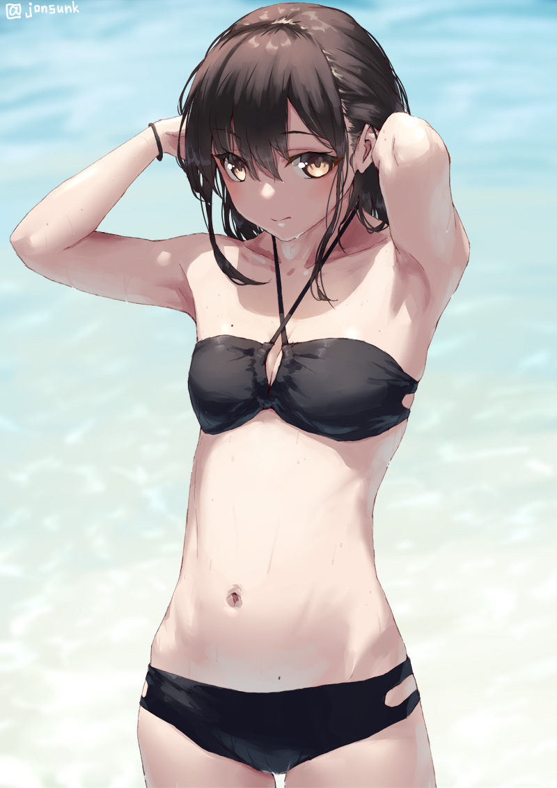 1girl armpits arms_behind_head arms_up bangs bare_shoulders bikini black_bikini blush breasts brown_eyes brown_hair collarbone jonsun long_hair looking_at_viewer navel original small_breasts swimsuit thighs wet