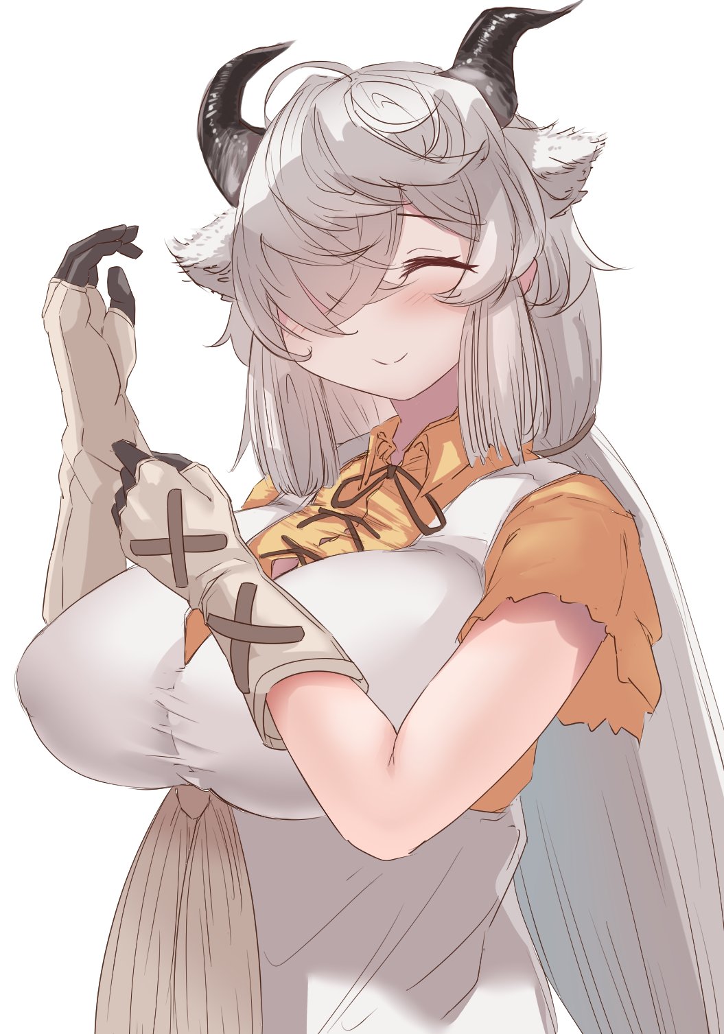 1girl ^_^ adjusting_clothes adjusting_gloves animal_ears bare_arms black_horns breasts buchibussei closed_eyes closed_mouth collared_shirt dress extra_ears facing_viewer gloves grey_horns hair_over_one_eye hands_up highres horns huge_breasts impossible_clothes impossible_dress kemono_friends kemono_friends_3 light_blush long_hair multicolored_horns neck_ribbon ox_ears ox_horns ribbon shirt short_sleeves sidelocks simple_background smile solo upper_body very_long_hair white_background white_hair wing_collar yak_(kemono_friends) yellow_shirt