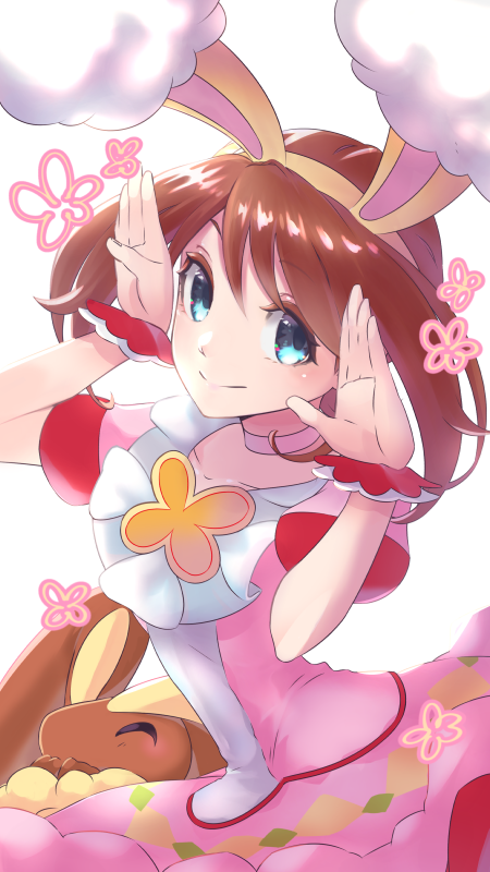 1girl amaco_(amacoworklove) animal_ears bangs blue_eyes brown_hair bunny_pose closed_mouth dress eyebrows_visible_through_hair fake_animal_ears gen_4_pokemon hair_between_eyes hairband hands_up lopunny may_(pokemon) official_alternate_costume pink_dress pokemon pokemon_(creature) pokemon_(game) pokemon_masters_ex pokemon_oras pokemon_rse rabbit_ears solo wrist_cuffs yellow_hairband