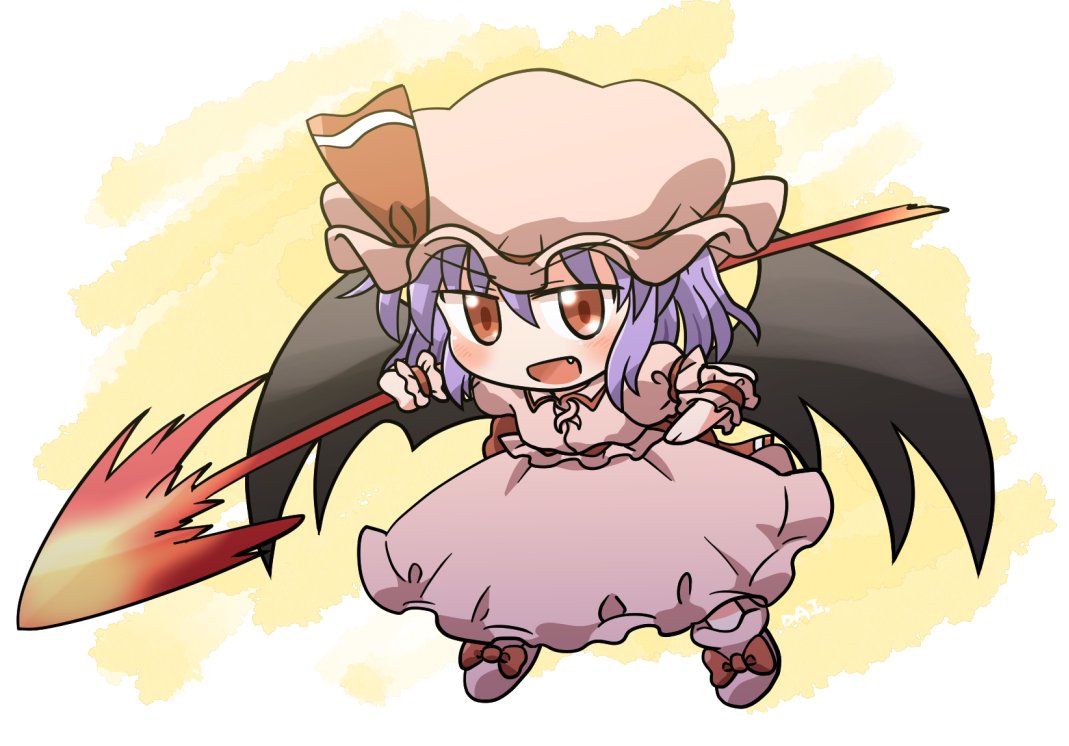 1girl :d bangs bat_wings bow eyebrows_visible_through_hair footwear_bow full_body hat hat_ribbon holding holding_polearm holding_weapon looking_at_viewer mob_cap open_mouth pink_footwear pink_headwear pink_shirt pink_skirt polearm red_bow red_eyes red_ribbon remilia_scarlet ribbon rokugou_daisuke shirt skirt smile solo spear_the_gungnir standing touhou v-shaped_eyebrows weapon wings wrist_cuffs