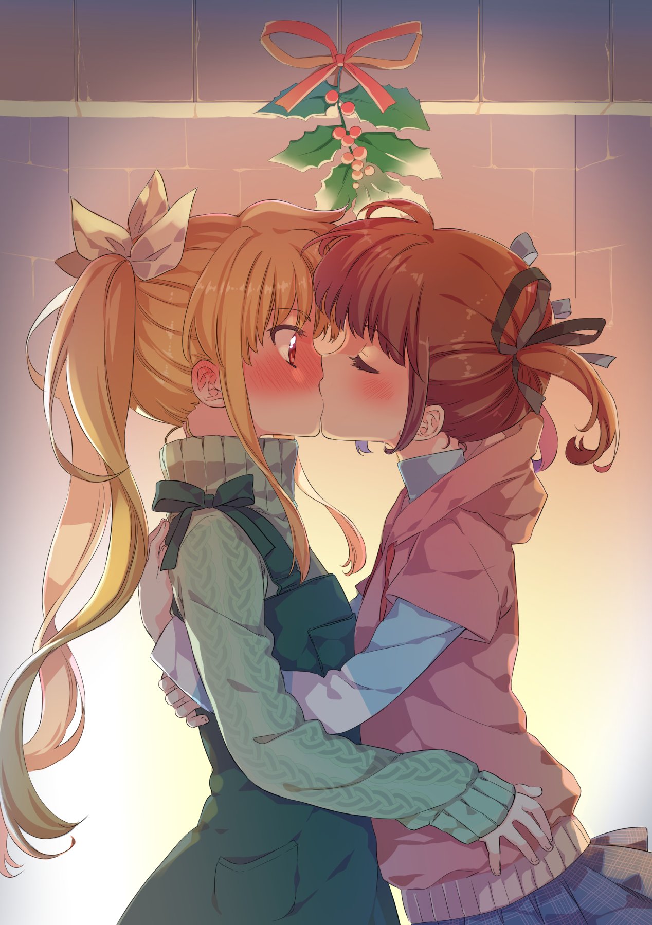 2girls ahoge arms_around_back arms_around_waist blonde_hair blush bow brick_wall brown_eyes brown_hair cardigan closed_eyes eyebrows_visible_through_hair fate_testarossa hair_bow highres hug kiss kumanakris lyrical_nanoha mistletoe multiple_girls overall_skirt plaid plaid_skirt pleated_skirt short_twintails sidelocks skirt sweater takamachi_nanoha turtleneck turtleneck_sweater twintails yuri