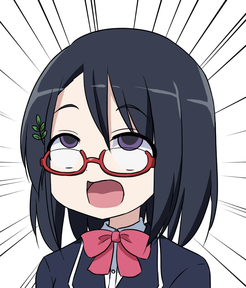 1girl ahegao black_hair emphasis_lines face glasses hair_ornament leaf_hair_ornament manga_time_kirara neck_ribbon open_mouth portrait ribbon rolling_eyes school_uniform semi-rimless_eyewear solo super_masara super_masara_ahegao tatsumi_nozomi under-rim_eyewear