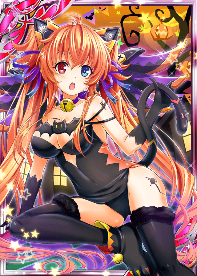 1girl :o animal_ears bell black_dress black_gloves blue_eyes cat_ears cat_tail collaboration dress gloves halloween halloween_costume jingle_bell long_hair looking_at_viewer multicolored multicolored_eyes nou_(nounknown) official_art orange_hair red_eyes shinkai_no_valkyrie shinki_kakusei_melty_maiden tail thigh-highs twintails underwear