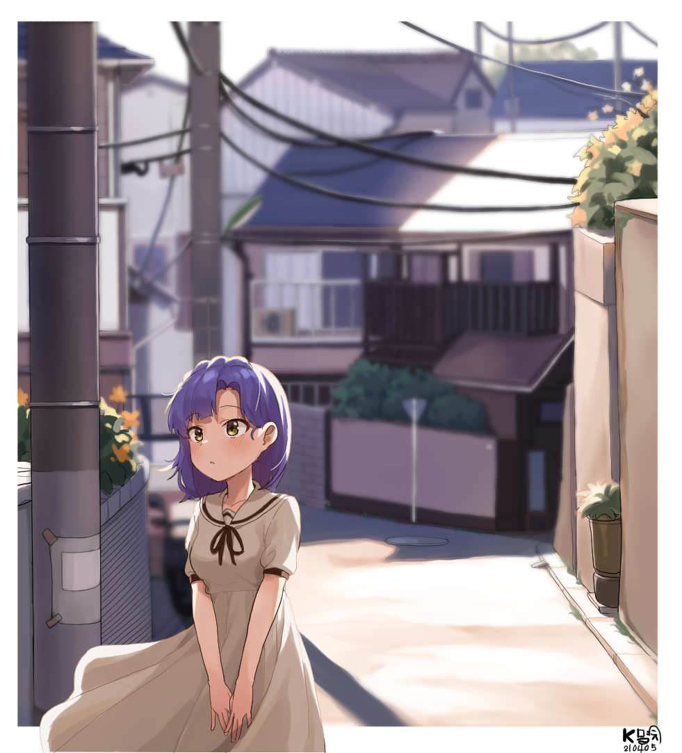 1girl artist_name backlighting bangs black_neckwear black_ribbon blurry blurry_background blush border braid collarbone commentary cowboy_shot dated day dress eyebrows_visible_through_hair flower house idolmaster idolmaster_million_live! looking_away manhole medium_hair myeolchi nanao_yuriko neck_ribbon orange_flower outdoors outside_border parted_lips plant potted_plant power_lines purple_hair ribbon road road_sign sailor_collar sailor_dress shiny shiny_hair short_sleeves sign signature solo standing street sunlight town utility_pole v_arms white_border white_dress white_sailor_collar yellow_eyes