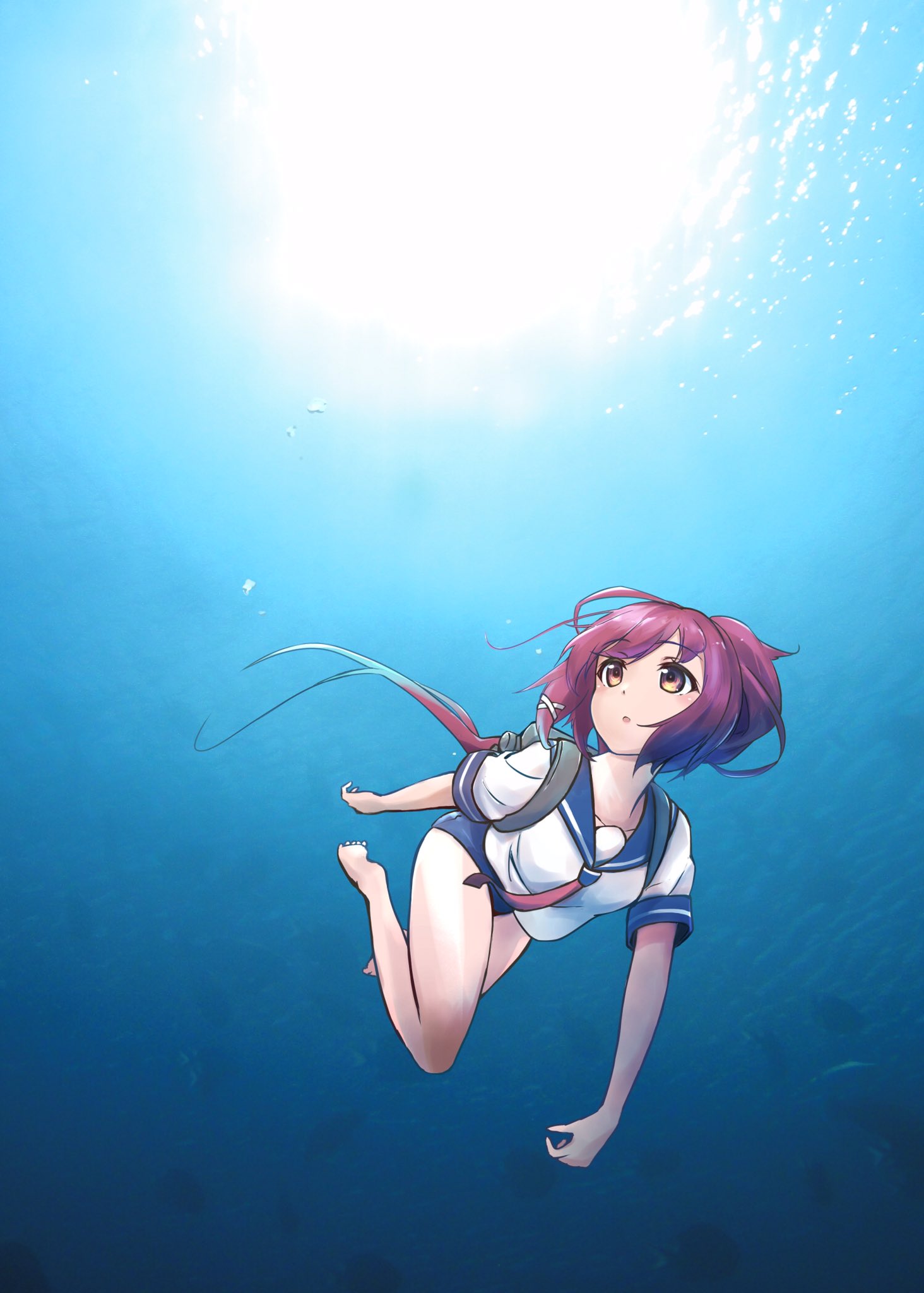 1girl :o ahoge aqua_hair backpack bag bangs bare_shoulders blue_sailor_collar blue_swimsuit breasts eyebrows_visible_through_hair gradient_hair highres i-168_(kancolle) kantai_collection long_hair medium_breasts minosu multicolored_hair one-piece_swimsuit open_mouth pink_neckwear sailor_collar short_sleeves solo swimming swimsuit swimsuit_under_clothes underwater water