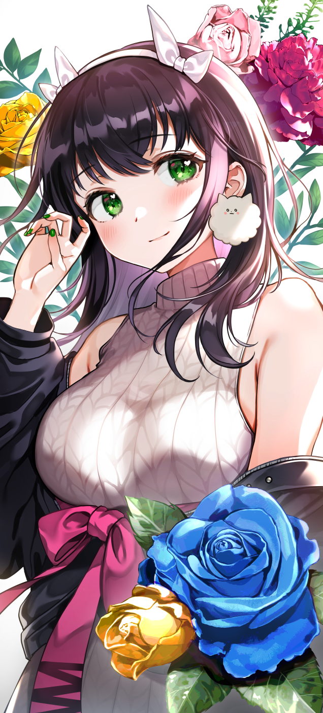 1girl aran_sweater bare_shoulders black_hair black_jacket blue_flower breasts flower green_eyes hairband hand_up highres jacket large_breasts long_hair looking_at_viewer nail_polish nishizawa off_shoulder original pink_flower ribbed_sweater rose sidelocks sleeveless sleeveless_sweater sleeveless_turtleneck smile solo sweater turtleneck upper_body white_sweater yellow_flower