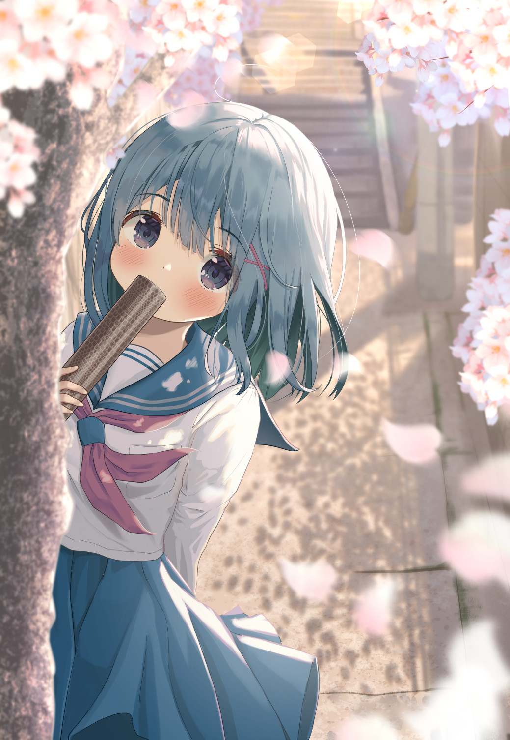 1girl bangs blue_eyes blue_hair blue_sailor_collar blue_skirt blurry blurry_background blurry_foreground blush commentary_request covered_mouth day depth_of_field eyebrows_visible_through_hair flower hair_between_eyes hair_ornament highres leaning_to_the_side long_hair looking_at_viewer mimikaki_(men_bow) neckerchief original outdoors petals pink_flower pleated_skirt red_neckwear sailor_collar school_uniform serafuku shirt skirt solo stairs stone_stairs tree tube white_shirt x_hair_ornament