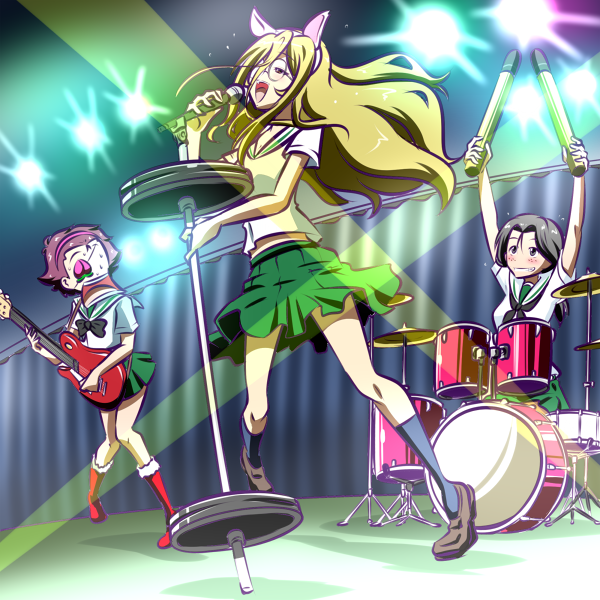 3girls animal_ears arms_up barbell black_neckwear blouse boots brown_hair cat_ears commentary drum drum_set electric_guitar eyepatch fake_animal_ears food freckles frown fruit girls_und_panzer glasses green_skirt grey_hair grin guitar hair_between_eyes hair_pulled_back hairband half-closed_eyes holding holding_instrument holding_microphone instrument jaw_drop kogane_(staygold) long_hair looking_at_another low_ponytail medium_skirt microphone microphone_stand midriff miniskirt momogaa_(girls_und_panzer) multiple_girls music neckerchief nekonyaa_(girls_und_panzer) night no_neckwear ooarai_school_uniform open_mouth peach pink_hairband piyotan_(girls_und_panzer) playing_instrument pleated_skirt ponytail red_footwear rimless_eyewear round_eyewear sailor_collar school_uniform short_hair short_sleeves singing skirt smile spotlight standing standing_on_one_leg sweatdrop tank_shell white_blouse white_sailor_collar