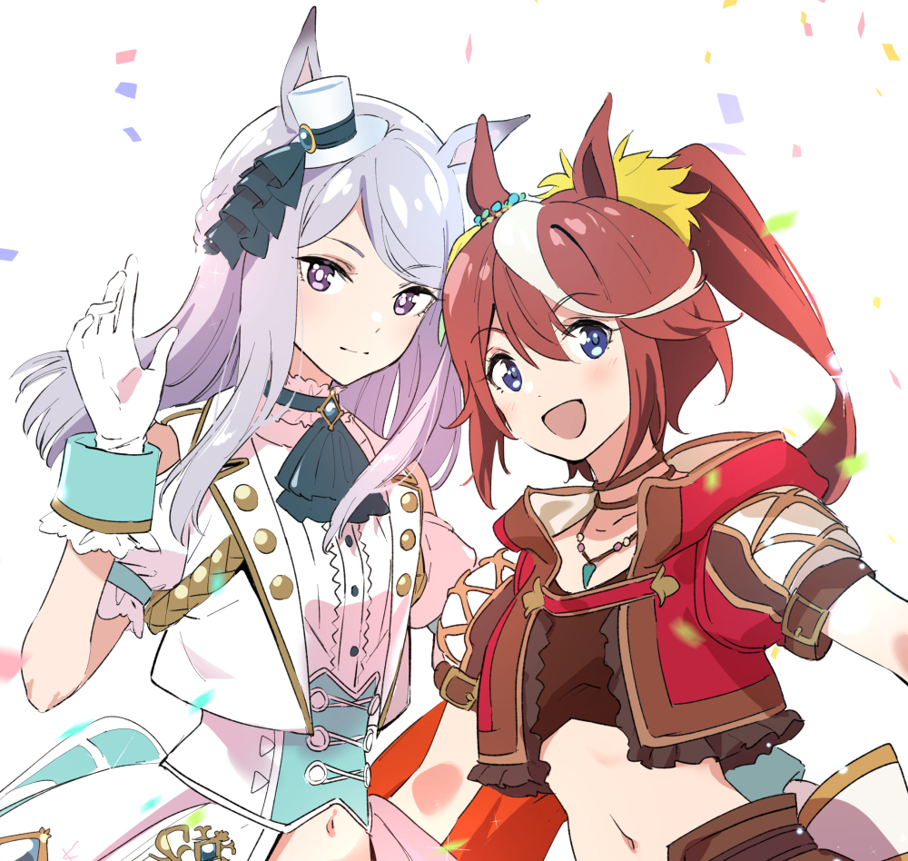 2girls animal_ears aqua_ribbon blue_eyes brown_hair commentary_request confetti cravat crop_top ear_bow gloves hat high_ponytail horse_ears horse_girl jewelry long_hair looking_at_viewer mejiro_mcqueen_(umamusume) midriff mini_hat misu_kasumi multicolored_hair multiple_girls navel necklace open_mouth puffy_short_sleeves puffy_sleeves ribbon short_sleeves silver_hair streaked_hair tokai_teio_(umamusume) two-tone_hair umamusume upper_body violet_eyes waving white_background white_gloves white_hair