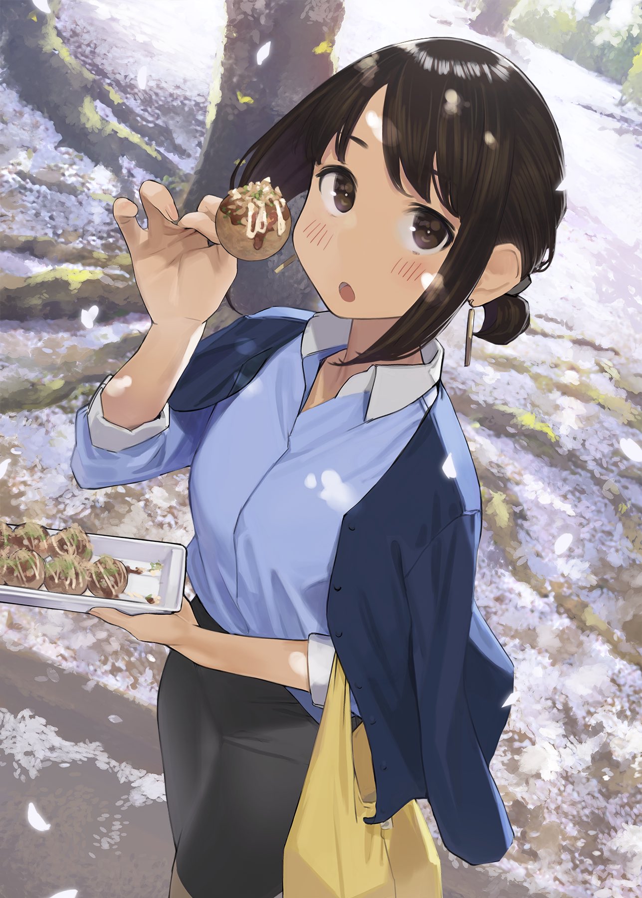 1girl bag bangs blue_jacket blush brown_eyes brown_hair cherry_blossoms commentary_request douki-chan_(yomu_(sgt_epper)) earrings feet_out_of_frame food ganbare_douki-chan highres jacket jewelry office_lady open_mouth pencil_skirt sharing_food shopping_bag short_hair short_ponytail sidelocks skirt solo takoyaki tied_hair tree yomu_(sgt_epper)