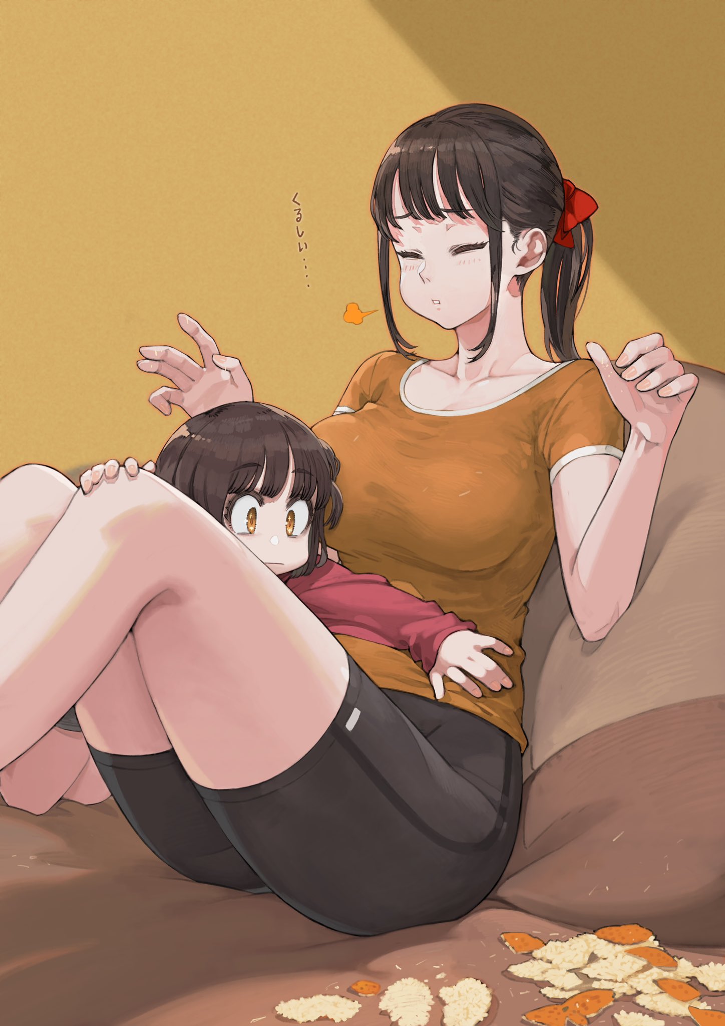 2girls black_shorts blush bow breasts brown_hair closed_eyes closed_mouth collarbone commentary couch expressionless eyebrows_visible_through_hair eyelashes hair_bow highres jun_(seojh1029) large_breasts medium_hair multiple_girls on_person orange_eyes orange_peel orange_shirt original peeling ponytail reaching red_bow red_shirt shirt short_hair short_shorts short_sleeves shorts siblings sisters sitting symbol_commentary t-shirt thighs translated turtleneck