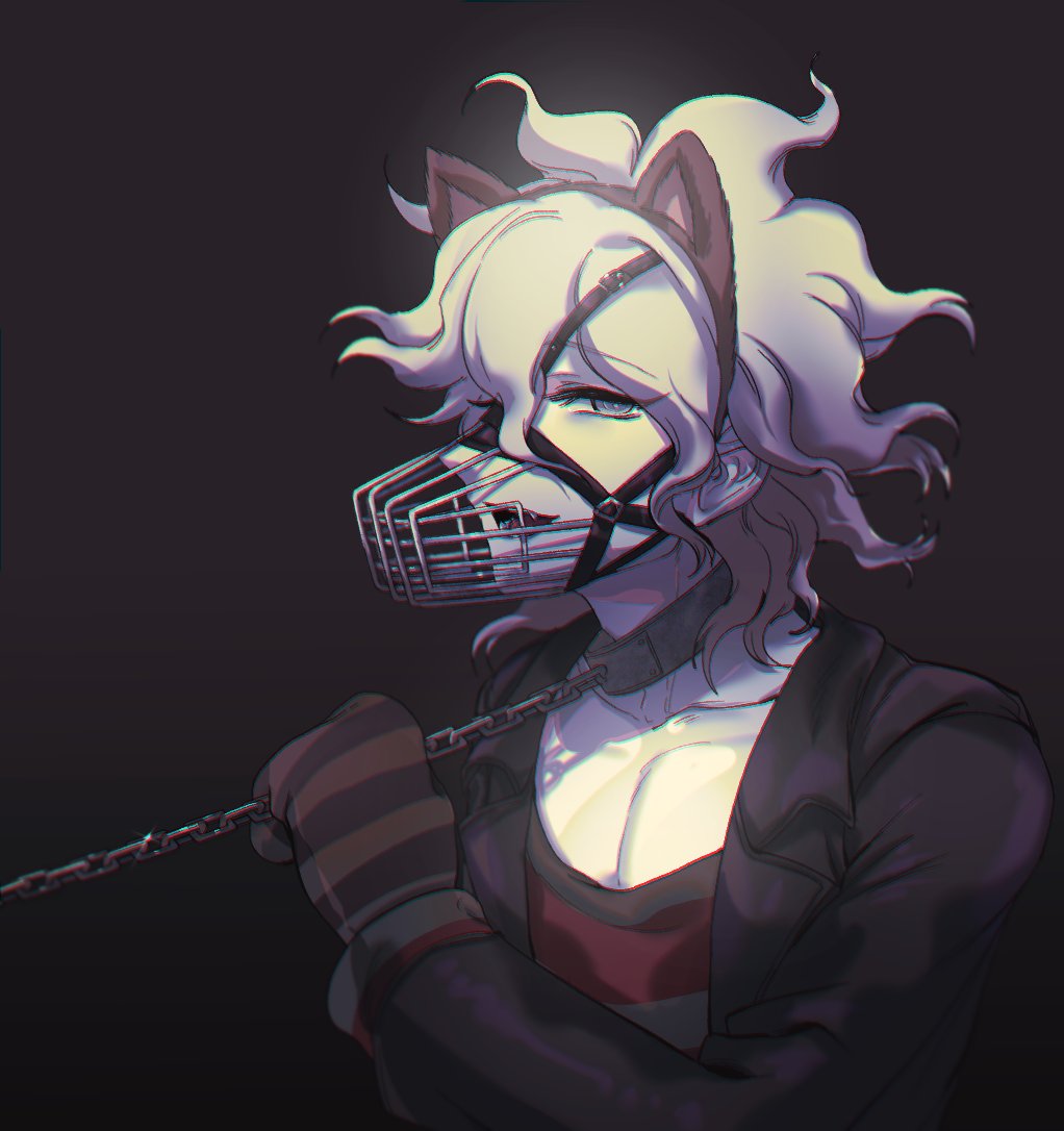 1boy animal_ears bangs black_background black_jacket blue_eyes cat_ears chain collar collarbone crossed_arms dangan_ronpa_(series) dangan_ronpa_another_episode:_ultra_despair_girls fake_animal_ears fang gloves gradient gradient_background grey_hair gwanlamcha holding holding_chain jacket komaeda_nagito long_sleeves looking_at_viewer male_focus metal_collar muzzle official_alternate_costume open_clothes open_jacket open_mouth pale_skin restrained shirt solo striped striped_gloves striped_shirt upper_body