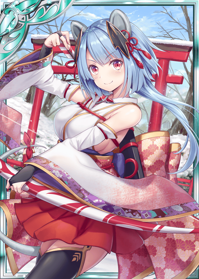 1girl akkijin animal_ears arrow_(projectile) bare_shoulders blue_hair bow_(weapon) cat_ears fingerless_gloves floral_print frilled_skirt frills gloves hair_ornament holding holding_bow_(weapon) holding_weapon japanese_clothes official_art outdoors red_eyes red_ribbon ribbon shinkai_no_valkyrie short_hair skirt snow tail thigh-highs weapon