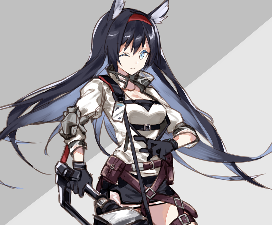 1girl animal_ears arknights bangs black_gloves black_hair blaze_(arknights) blue_eyes breasts cat_ears closed_mouth commentary_request cowboy_shot en_(shisui_no_utage) eyebrows_visible_through_hair gloves hair_between_eyes hairband holding holding_weapon jacket long_hair looking_at_viewer one_eye_closed red_hairband smile solo weapon white_jacket