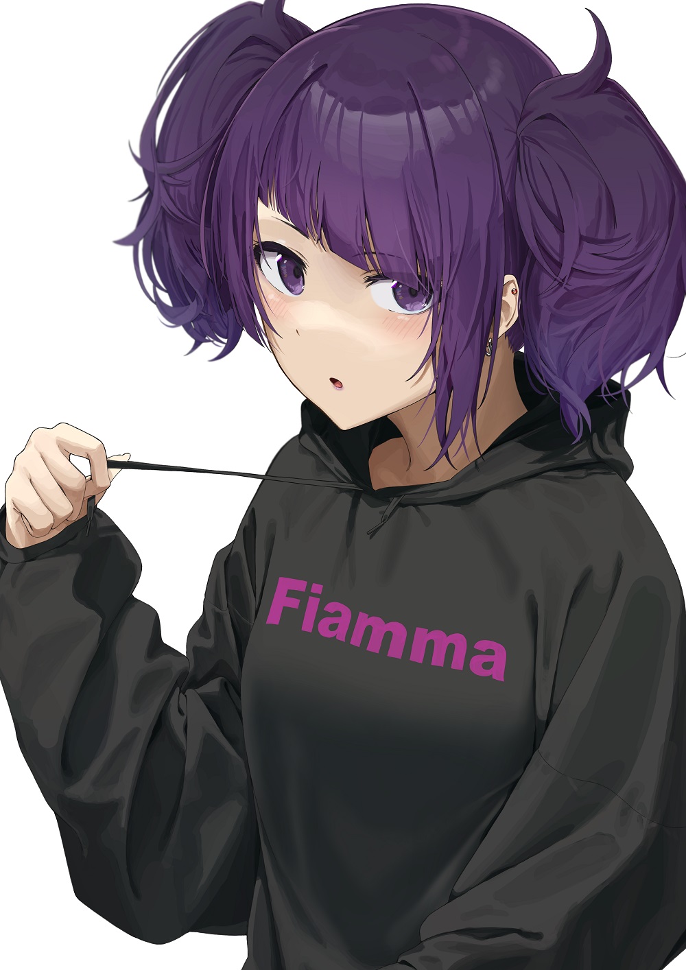 1girl :o bangs black_hoodie blush clothes_writing diagonal_bangs drawstring_pull ear_piercing earrings eyebrows_visible_through_hair highres hood hoodie idolmaster idolmaster_shiny_colors italian_text jewelry long_sleeves looking_at_viewer noeru open_mouth piercing purple_hair short_hair short_twintails simple_background solo tanaka_mamimi translated twintails upper_body violet_eyes white_background