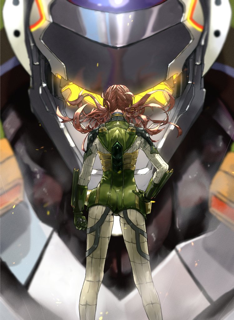 1girl ass brown_hair clenched_hand eva_05 evangelion:_2.0_you_can_(not)_advance floating_hair from_behind glowing hand_on_hip kdm_(ke_dama) makinami_mari_illustrious mecha neon_genesis_evangelion pilot_suit plugsuit rebuild_of_evangelion science_fiction solo_focus twintails visor