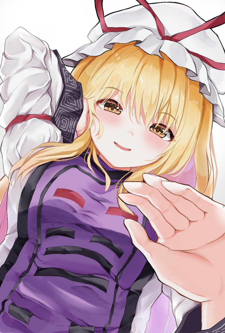 1girl 258n bangs blonde_hair blush breasts dress dutch_angle eyebrows_visible_through_hair hair_between_eyes hand_on_own_cheek hand_on_own_face hands_up hat hat_ribbon large_breasts long_hair long_sleeves looking_at_viewer mob_cap parted_lips perspective red_ribbon ribbon smile solo tabard touhou upper_body white_background white_dress white_headwear yakumo_yukari yellow_eyes