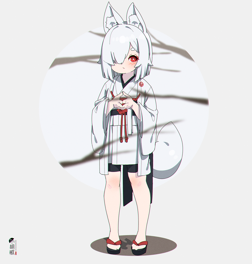 1girl animal_ear_fluff animal_ears bangs bike_shorts black_footwear black_shorts blush closed_mouth commentary_request fox_ears fox_girl fox_tail full_body grey_background hair_over_one_eye japanese_clothes kimono kuro_kosyou long_sleeves looking_at_viewer original red_eyes short_eyebrows short_shorts shorts solo standing steepled_fingers tail thick_eyebrows white_hair white_kimono wide_sleeves zouri