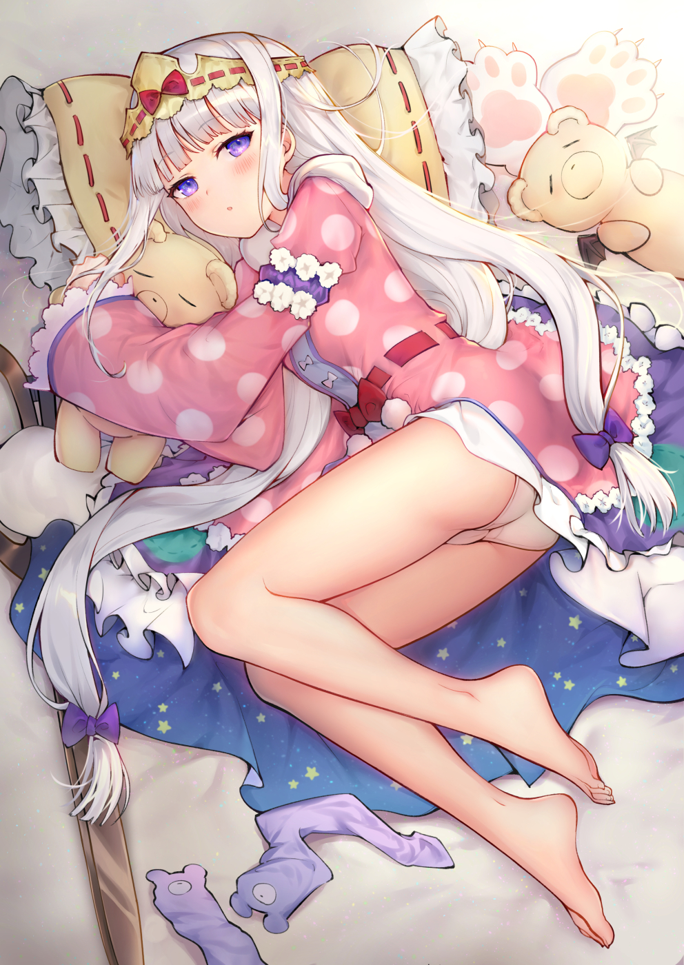 1girl :o animal_ear_legwear ass aurora_sya_lis_kaymin bangs bare_legs barefoot bed bow chaun commentary_request dress eyebrows_visible_through_hair frilled_dress frilled_pillow frills full_body hair_bow highres kneehighs kneehighs_removed long_hair looking_at_viewer lying maou-jou_de_oyasumi on_side panties parted_lips pillow pink_dress polka_dot polka_dot_dress purple_bow purple_legwear red_bow ribbon_trim scissors silver_hair soles stuffed_animal stuffed_toy teddy_bear teddy_demon tiara underwear very_long_hair violet_eyes white_panties