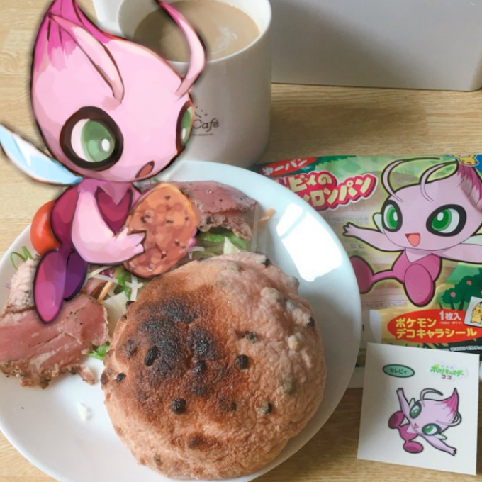 antennae bread celebi coffee commentary_request cup day_walker1117 fairy fairy_wings floating food full_body gen_2_pokemon green_eyes hand_up holding holding_food legendary_pokemon meat melon_bread mug mythical_pokemon open_mouth photo_background plate pokemon pokemon_(creature) salad solo table wings