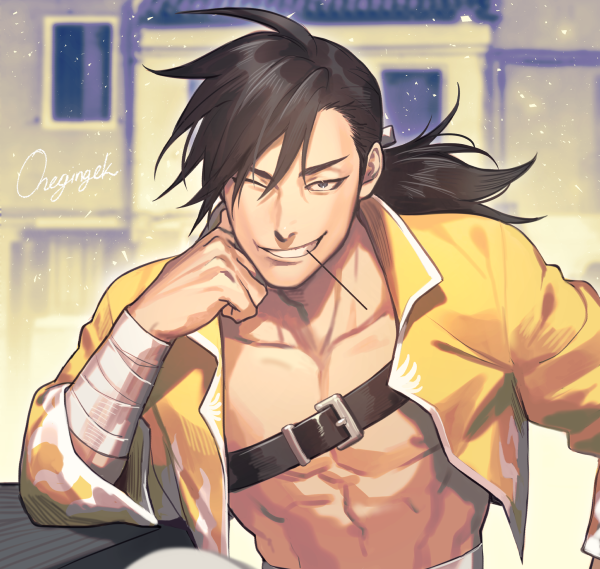 1boy artist_name bandaged_arm bandages bare_pecs black_hair buckle chest_strap collarbone cursive elbow_rest fullmetal_alchemist grey_eyes grin head_rest kanapy light_particles ling_yao long_hair looking_at_viewer male_focus mouth_hold nipples one_eye_closed pectorals ponytail smile solo toned toned_male