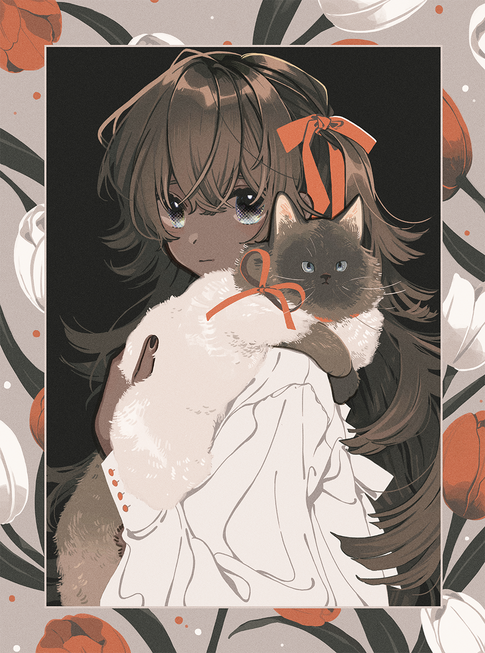 1girl animal bangs black_background brown_hair cat dark_skin dark-skinned_female expressionless grey_eyes hair_between_eyes hair_ribbon halftone highres holding holding_animal holding_cat keishin long_hair long_sleeves looking_at_viewer original red_ribbon ribbon solo