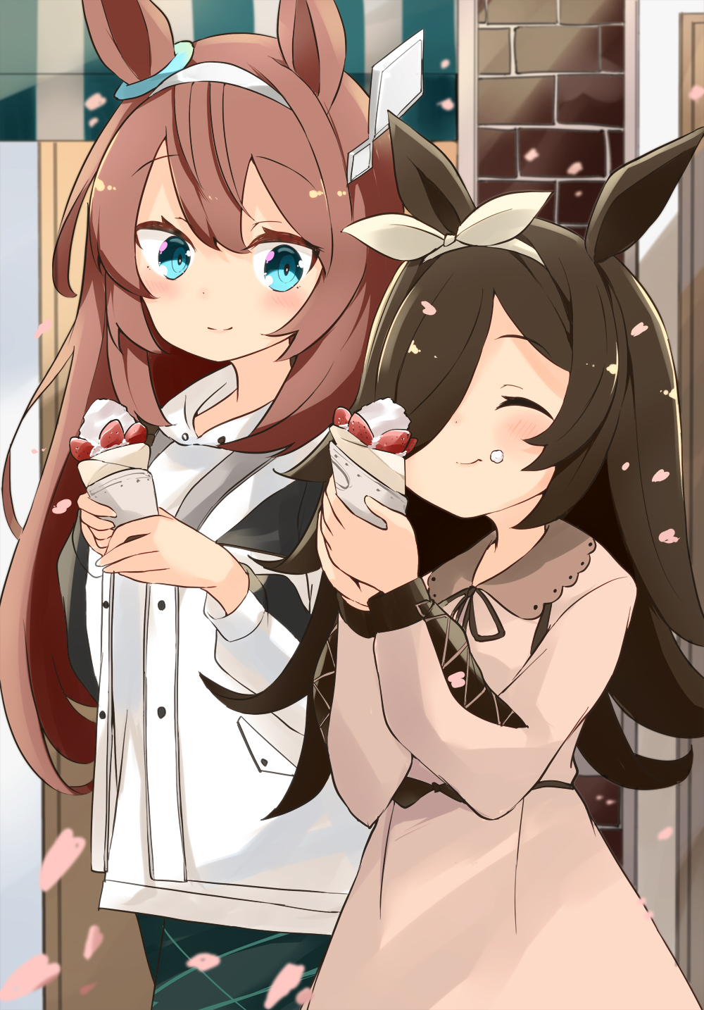 2girls :t ^_^ animal_ears bangs barashiya black_hair blue_eyes brick_wall brown_dress brown_hair closed_eyes closed_mouth collared_dress commentary_request cream cream_on_face crepe dress eating eyebrows_visible_through_hair food food_on_face fruit grey_hairband hair_between_eyes hair_over_one_eye hair_ribbon hairband hands_up highres holding holding_food hood hood_down hoodie horse_ears jacket long_hair long_sleeves mihono_bourbon_(umamusume) multiple_girls open_clothes open_jacket petals puffy_long_sleeves puffy_sleeves ribbon rice_shower_(umamusume) smile strawberry umamusume very_long_hair white_hairband white_hoodie white_jacket white_ribbon