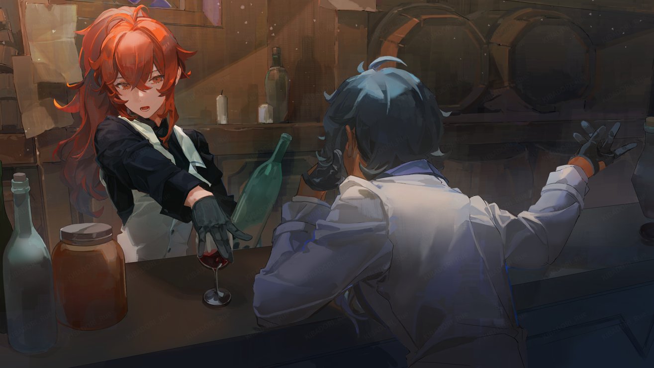 2boys alcohol antenna_hair bangs barrel bartender black_gloves black_shirt blue_hair bottle buttons candle commentary_request crossed_bangs cup dark-skinned_male dark_skin diluc_(genshin_impact) drinking_glass elbow_rest eye_contact facing_away genshin_impact gloves hair_between_eyes indoors jar kaeya_(genshin_impact) kibadori_rue long_hair long_sleeves looking_at_another male_focus multiple_boys open_mouth ponytail red_eyes redhead shirt short_hair sidelocks sitting sunlight tavern vest waistcoat white_shirt white_vest wine wine_glass