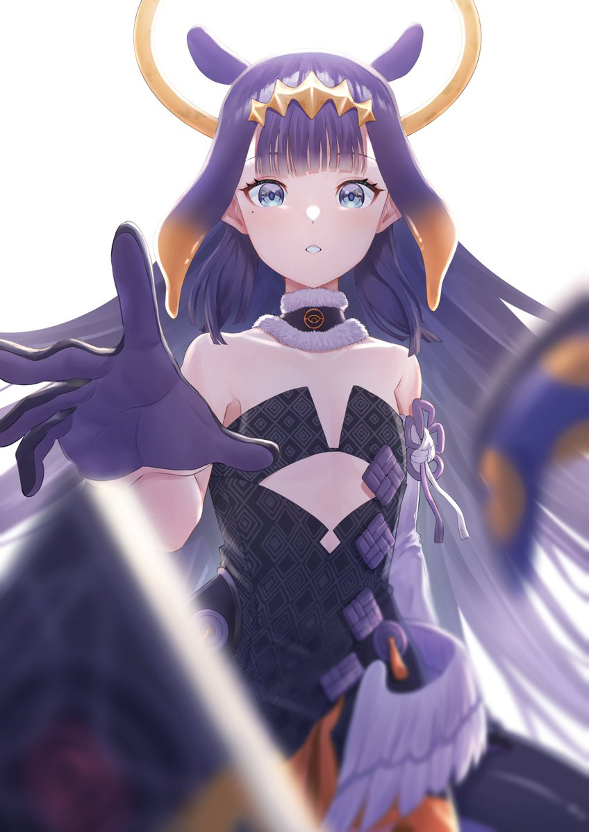 1girl aboreen ao-chan_(ninomae_ina'nis) bangs bare_shoulders black_dress black_gloves blurry blurry_foreground book collarbone dress flat_chest floating_hair fur_choker gloves halo hololive hololive_english long_hair looking_at_viewer ninomae_ina'nis open_hand outstretched_arm pointy_ears purple_hair solo tentacle_hair tentacles very_long_hair virtual_youtuber white_background wings