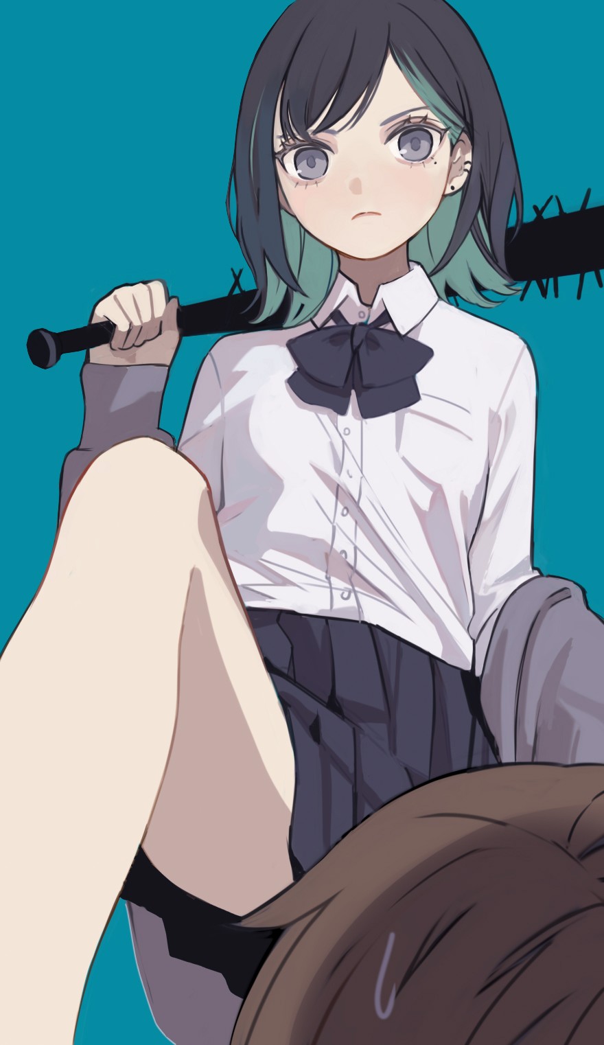 1girl bare_legs baseball_bat bow bowtie ear_piercing green_hair grey_eyes highres hood hoodie leg_up looking_at_viewer mole mole_under_eye multicolored_hair nail nail_bat original piercing school_uniform serious shirt short_hair simple_background skirt tokiwata_soul