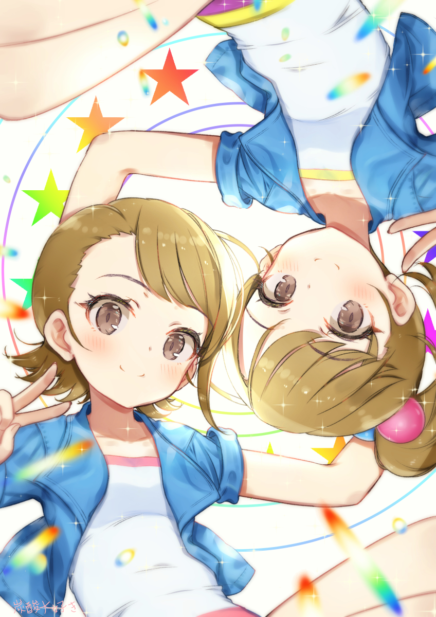 2girls asymmetrical_bangs bangs blue_jacket blurry blurry_foreground breasts brown_eyes brown_hair casual closed_mouth collarbone diffraction_spikes eyebrows_visible_through_hair futami_ami futami_mami highres idolmaster jacket looking_at_viewer matching_outfit multiple_girls ponytail short_sleeves siblings side_ponytail sisters sleeves_rolled_up small_breasts smile star_(symbol) strapless tansan_daisuki tubetop twins upside-down v
