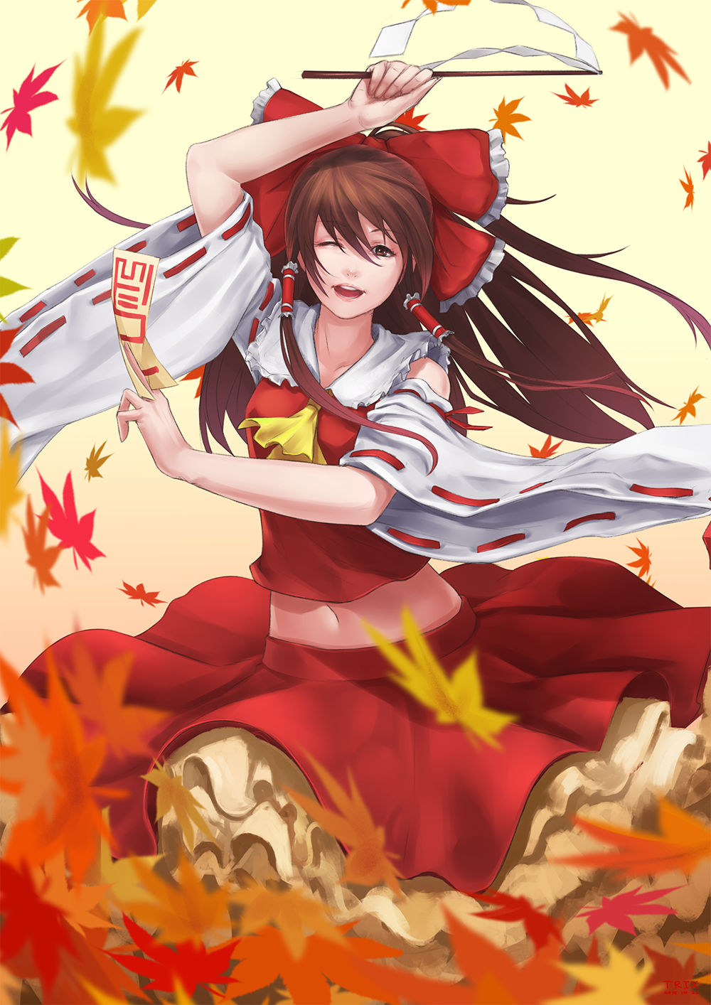 1girl ascot bow brown_eyes brown_hair detached_sleeves frilled_bow frills gohei hair_bow hair_tubes hakurei_reimu highres leaf midriff navel ofuda one_eye_closed open_mouth red_bow ribbon-trimmed_sleeves ribbon_trim round_teeth skirt skirt_set solo teeth touhou triximity upper_body wide_sleeves