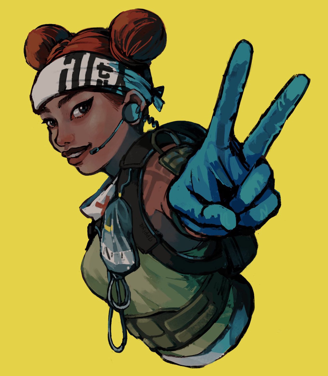 1girl 7ppiya_(napami) apex_legends arm_tattoo black_eyes blue_gloves breasts cropped_torso dark_skin dark-skinned_female double_bun gloves headset highres leaning_forward lifeline_(apex_legends) looking_at_viewer mask_around_neck parted_lips redhead small_breasts smile solo tattoo v yellow_background