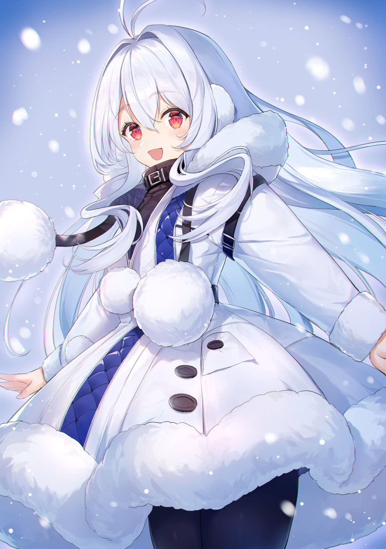 1girl :d antenna_hair argyle arm_belt azur_lane bangs belt_collar black_legwear blush buttons chuu_ling coat coat_dress collar commentary_request cowboy_shot earmuffs eyebrows_visible_through_hair fur-trimmed_coat fur-trimmed_sleeves fur_collar fur_trim hair_between_eyes hair_intakes high_collar long_hair long_sleeves looking_at_viewer open_clothes open_coat open_mouth outdoors pantyhose partially_unzipped pom_pom_(clothes) red_eyes sleeve_cuffs smile snowflakes snowing solo stremitelny_(azur_lane) turtleneck white_coat white_hair winter winter_clothes