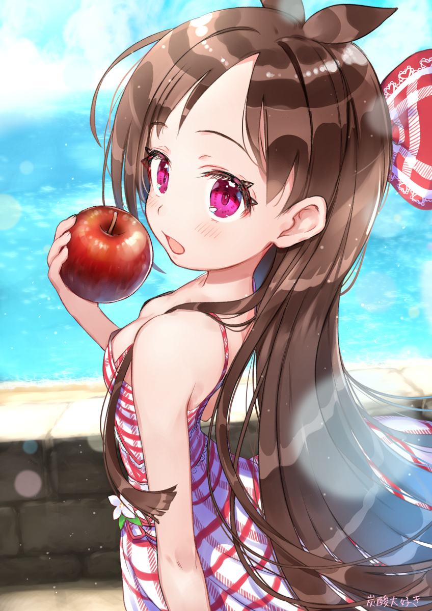 1girl apple bare_shoulders beach breasts brick_wall brown_hair camisole downblouse dress flower food from_side fruit highres idolmaster idolmaster_cinderella_girls idolmaster_cinderella_girls_starlight_stage long_hair looking_at_viewer looking_to_the_side open_mouth pink_eyes signature skinny small_breasts solo striped sundress tansan_daisuki tareme tsujino_akari upper_body very_long_hair water