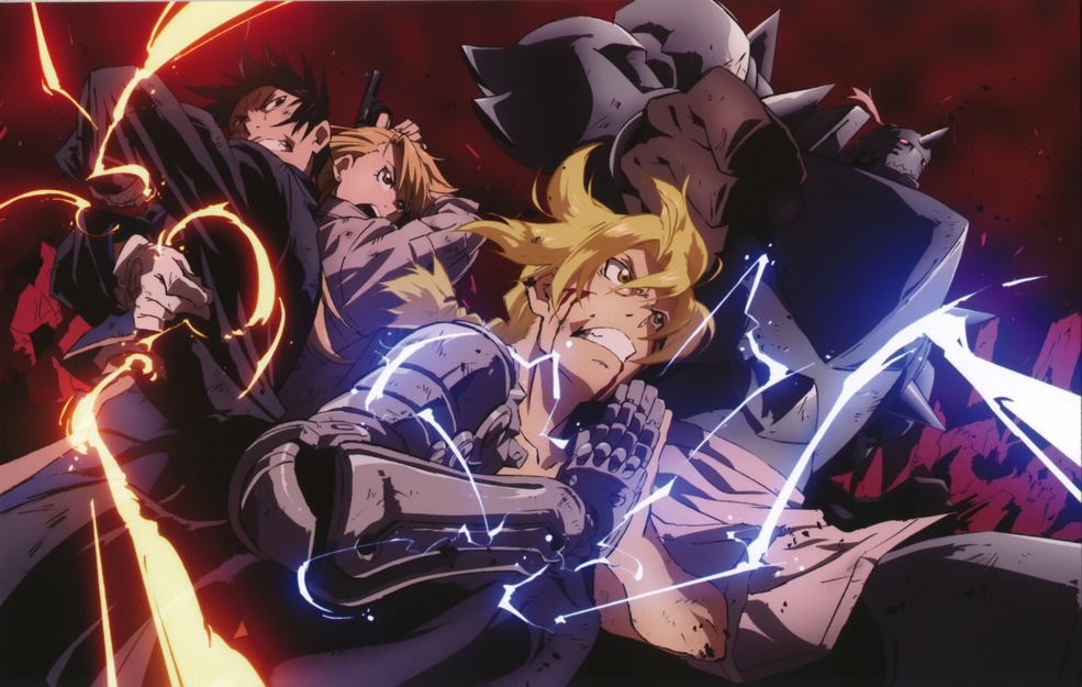 alphonse_elric armor automail black_hair blonde_hair blood blood_on_face bones_(company) edward_elric electricity energy fire folded_ponytail full_armor fullmetal_alchemist gloves gun official_art prosthesis prosthetic_arm pyrokinesis riza_hawkeye roy_mustang short_hair tied_hair weapon white_gloves yellow_eyes