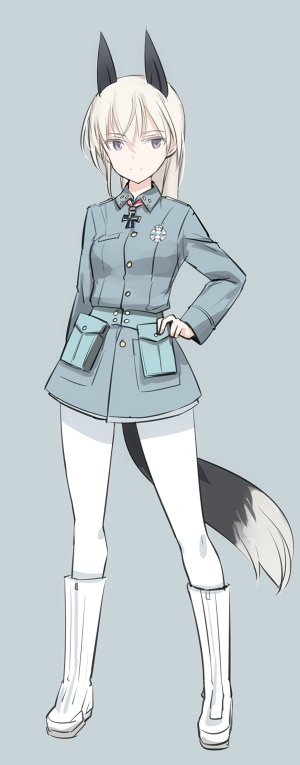1girl animal_ears bangs belt blue_belt blue_eyes blue_jacket boots closed_mouth commentary eila_ilmatar_juutilainen eyebrows_visible_through_hair fox_ears fox_tail full_body grey_background hand_on_hip jacket knee_boots long_hair long_sleeves looking_at_viewer military military_uniform no_pants older pantyhose pouch shimada_fumikane silver_hair simple_background smile solo standing strike_witches tail uniform white_footwear white_legwear world_witches_series