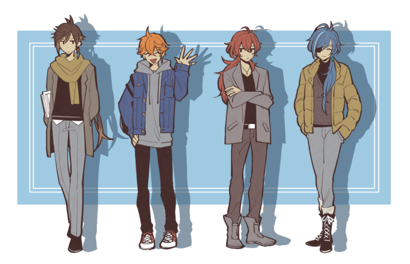 4boys alternate_costume bangs blue_hair boots brown_hair casual closed_eyes closed_mouth crossed_arms denim denim_jacket diluc_(genshin_impact) genshin_impact hair_between_eyes jacket jewelry kaeya_(genshin_impact) long_hair long_sleeves male_focus multicolored_hair multiple_boys open_mouth orange_hair pants ponytail redhead scarf shoes simple_background single_earring sio_genshin smile sneakers streaked_hair tartaglia_(genshin_impact) two-tone_background waving zhongli_(genshin_impact)