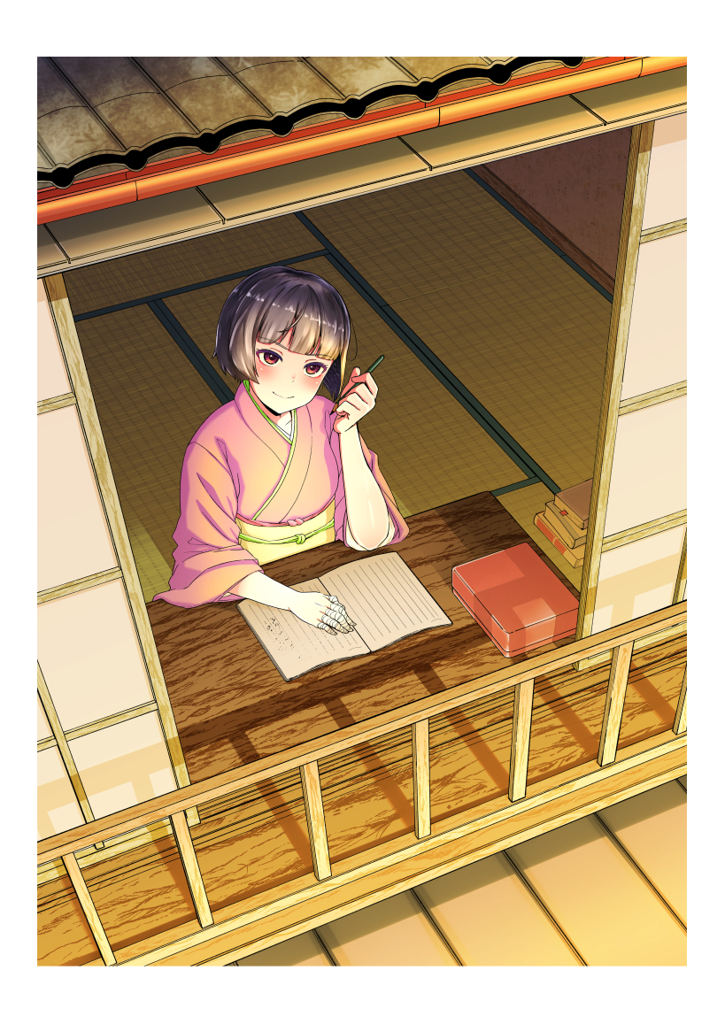 1girl balcony bandaged_fingers bandages bangs blunt_bangs blush bob_cut book bookmark box commentary desk dusk eromanga_sensei from_above from_outside gutter holding holding_pencil japanese_clothes kimono looking_ahead looking_up notebook obi obijime pencil pink_kimono purple_hair railing sash senju_muramasa short_hair shouji sitting sliding_doors smile tatami tile_roof writing yarakashinosuke yellow_sash