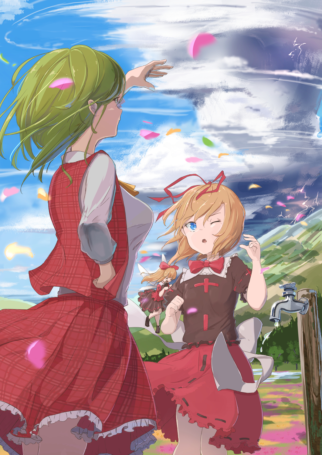 &gt;_&lt; 2girls arm_up ascot black_ribbon blonde_hair blue_sky bow bowtie brown_footwear brown_shirt brown_skirt closed_eyes clouds collared_shirt commentary_request day dripping fairy_wings faucet forest frilled_skirt frills green_hair hair_ribbon hand_on_hip highres holding_on kazami_yuuka lightning long_sleeves looking_afar looking_up medicine_melancholy mountain multiple_girls nature one_eye_closed open_mouth outdoors petals plaid plaid_skirt plaid_vest puffy_short_sleeves puffy_sleeves red_neckwear red_ribbon red_shirt red_skirt red_vest ribbon ribbon-trimmed_shirt ribbon-trimmed_skirt ribbon_trim shirt short_hair short_sleeves skirt sky standing storm su-san takeyoshi_(albizia) thighs tornado touhou tree vest water white_shirt wind wings yellow_neckwear