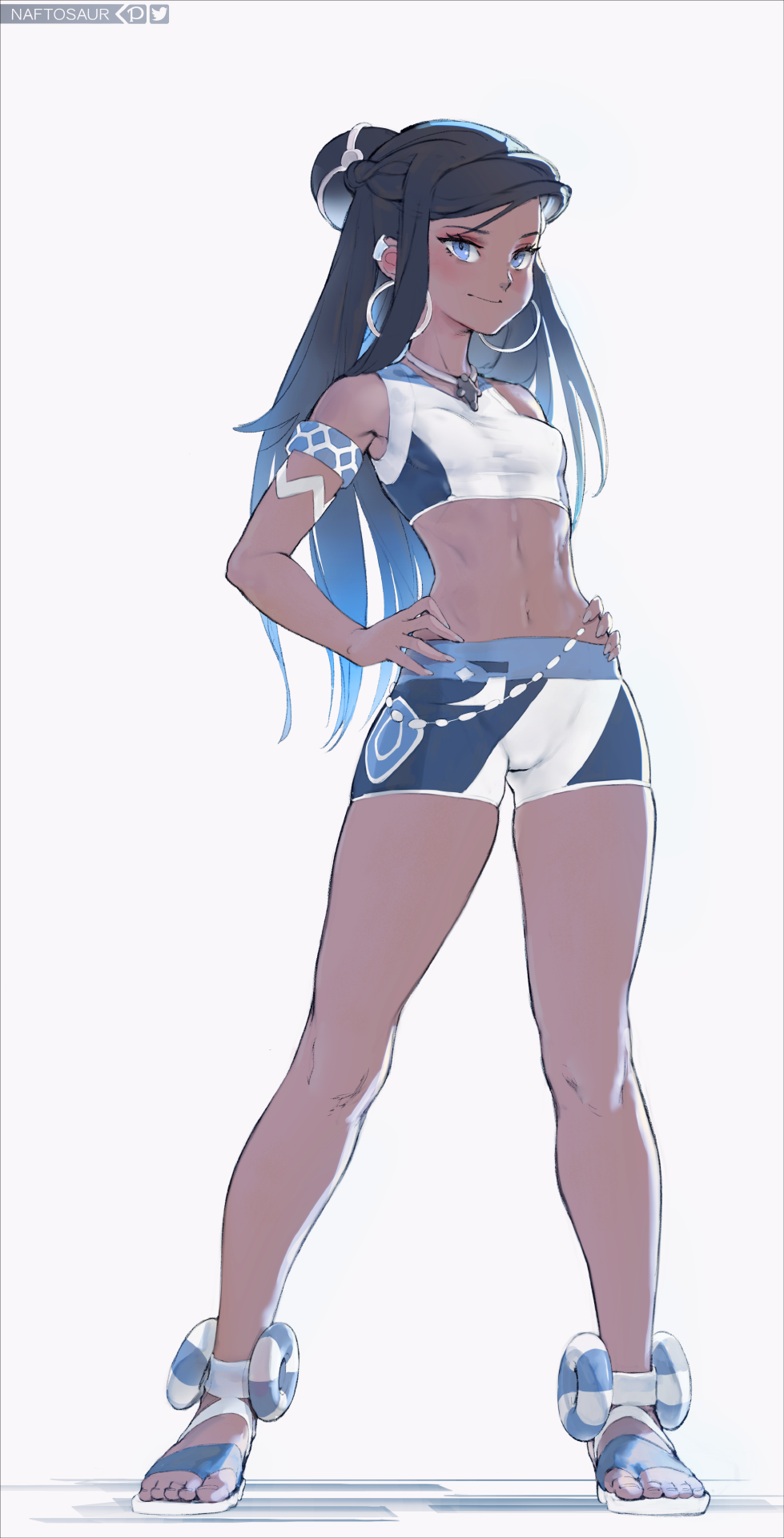 1girl armlet artist_name belly_chain bike_shorts black_hair blue_eyes blush breasts closed_mouth commentary dark_skin dark-skinned_female earrings english_commentary eyelashes full_body gym_leader hair_bun highres hoop_earrings jewelry knees long_hair naftosaur navel necklace nessa_(pokemon) patreon_logo pokemon pokemon_(game) pokemon_swsh sandals smile solo standing toes twitter_logo