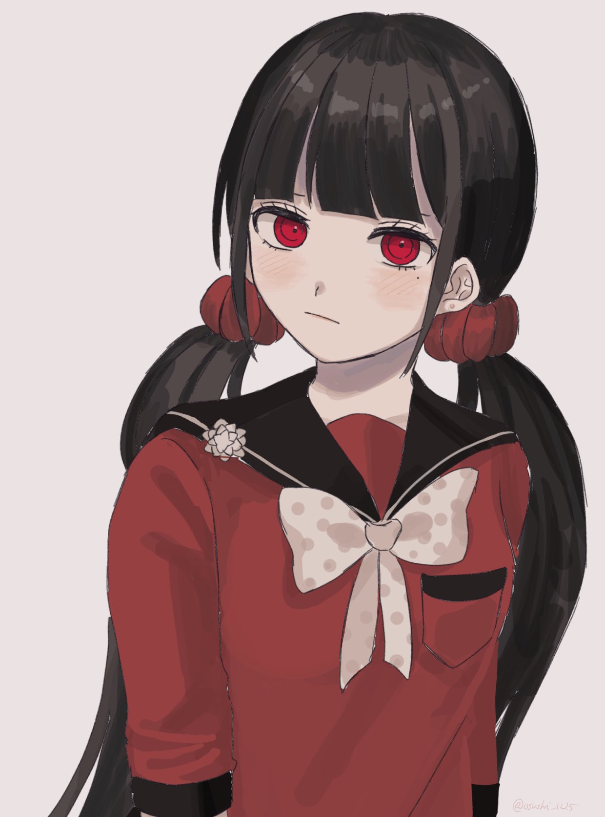 1girl bangs blunt_bangs blush bow breast_pocket brown_hair closed_mouth commentary_request dangan_ronpa_(series) dangan_ronpa_v3:_killing_harmony hair_ornament harukawa_maki highres isu_(osushi_1225) light_frown long_hair looking_at_viewer low_twintails mole mole_under_eye pocket polka_dot polka_dot_bow red_eyes red_scrunchie red_shirt sailor_collar school_uniform scrunchie shirt simple_background sleeves_past_elbows solo twintails upper_body