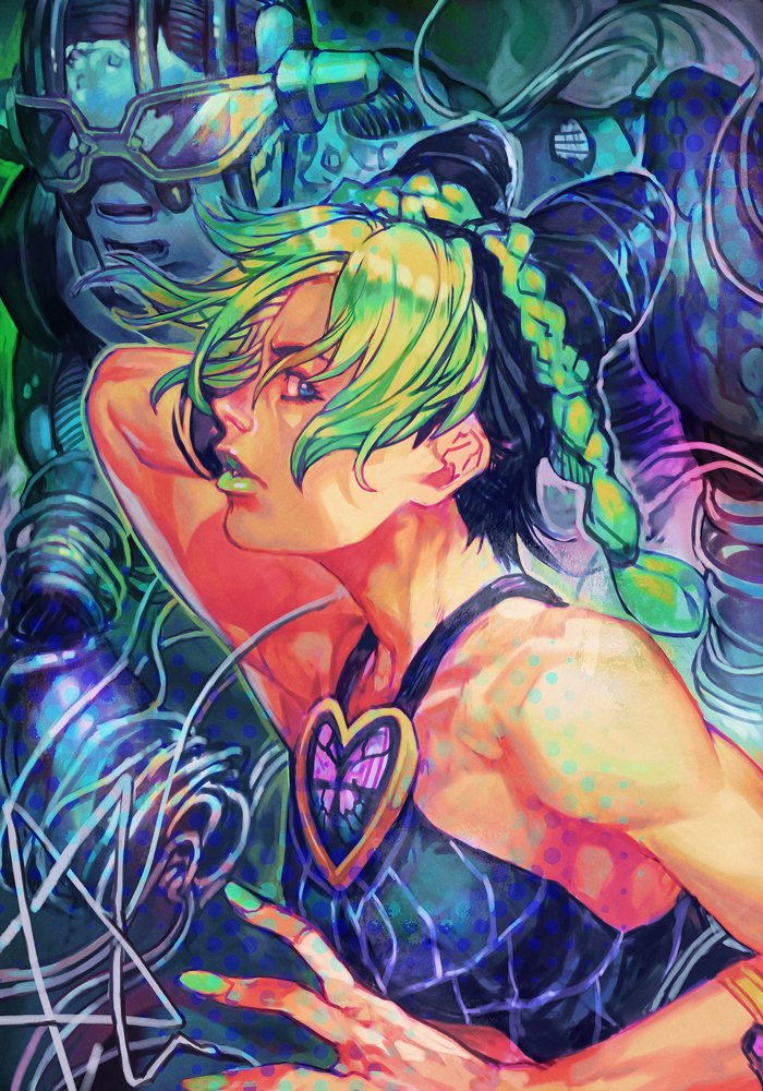 1girl bangs black_hair braid braided_bun braided_ponytail double_bun green_eyes green_hair green_lips hair_bun hair_cones halter_top halterneck hankuri hankuri jojo_no_kimyou_na_bouken kujo_jolyne lipstick looking_to_the_side makeup multicolored_hair solo stand_(jojo) stone_free stone_ocean two-tone_hair